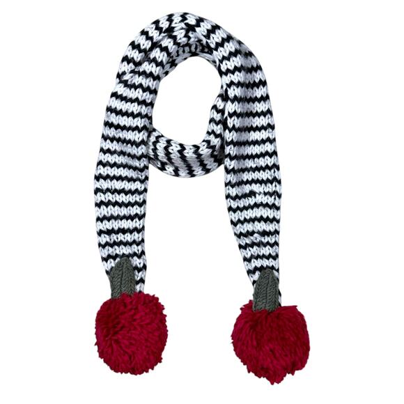 Kate Spade Chunky Knit Skinny Scarf Cherry Pom Winter Scarf Black & White OS - Picture 1 of 8
